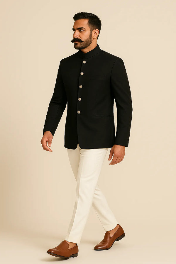 SJD005C.webpsjd005-black-ivory-jodhpuri-suit-chandigarh-side.webpSide view of black Bandhgala Jodhpuri suit with ivory trousers for a Chandigarh family wedding