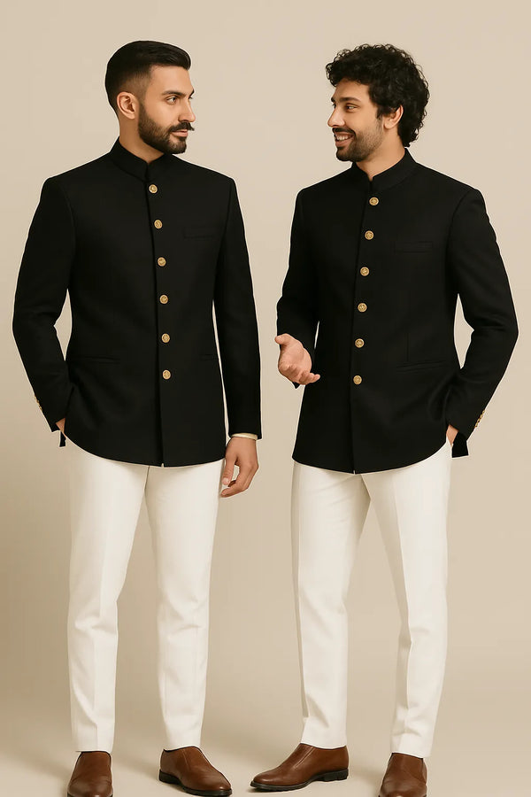 Two men in black Jodhpuri suits and ivory trousers, styled as close friends for a New Jersey reception