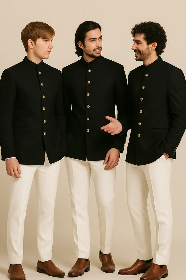 Three men in coordinated black Bandhgala Jodhpuri suits with ivory trousers for a Toronto wedding group