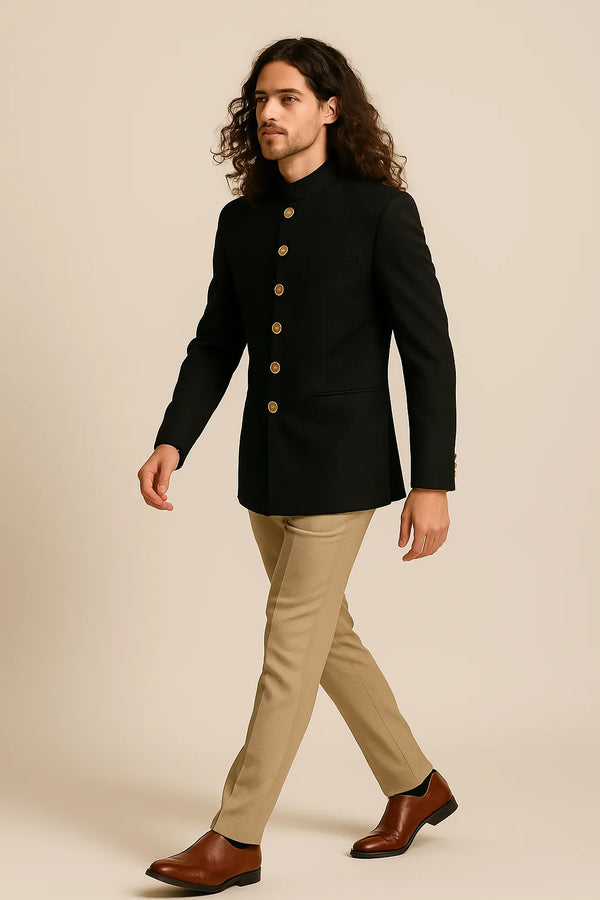 Side view of black Bandhgala Jodhpuri suit with gold-tone buttons and tan trousers for a Paris wedding reception