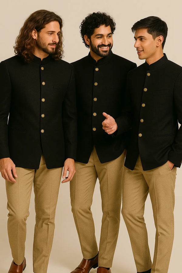Three men wearing coordinated black Jodhpuri suits with tan trousers for a Berlin groomsmen look