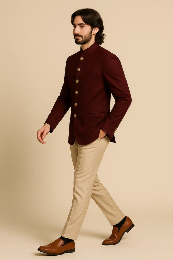 Side view of wine Jodhpuri suit with Bandhgala collar and beige trousers for a Kuala Lumpur wedding reception