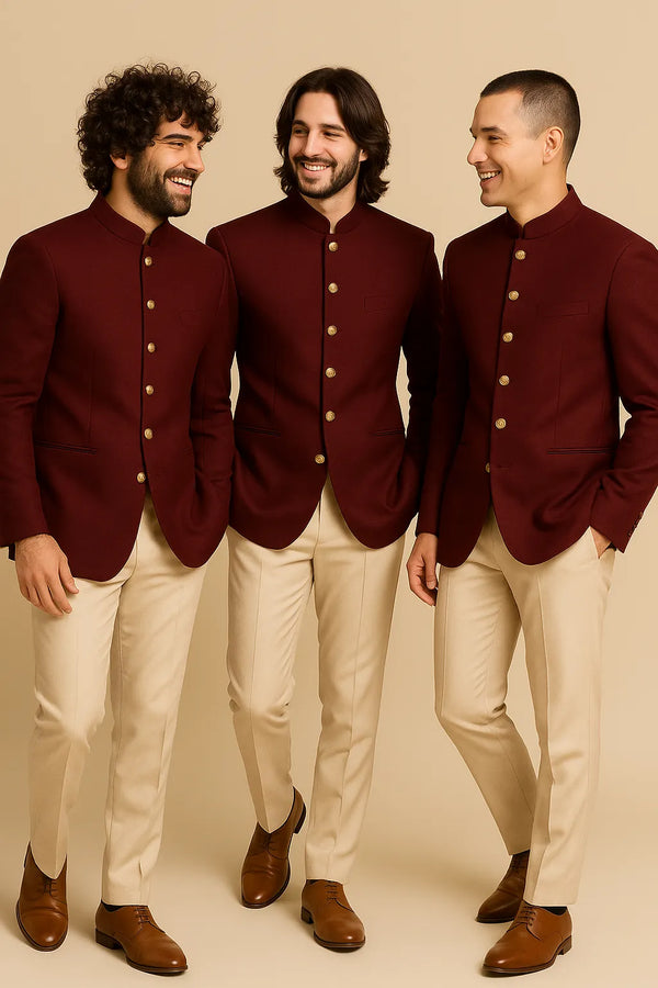 Three men wearing wine Jodhpuri suits with beige trousers for a Singapore groomsmen look
