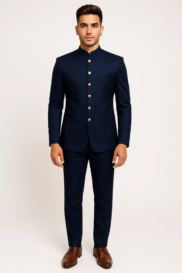 Front view of navy blue Bandhgala Jodhpuri suit with gold-tone buttons and matching trousers for a Tunis wedding