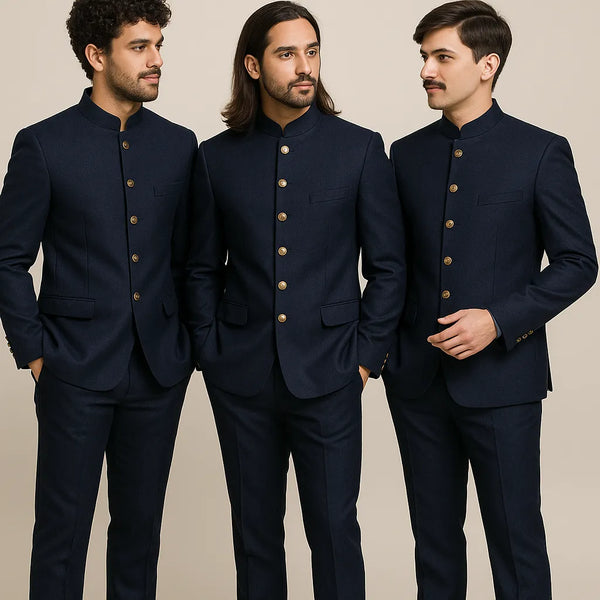 Three men wearing coordinated navy Jodhpuri suits with gold-tone buttons for a Johannesburg reception
