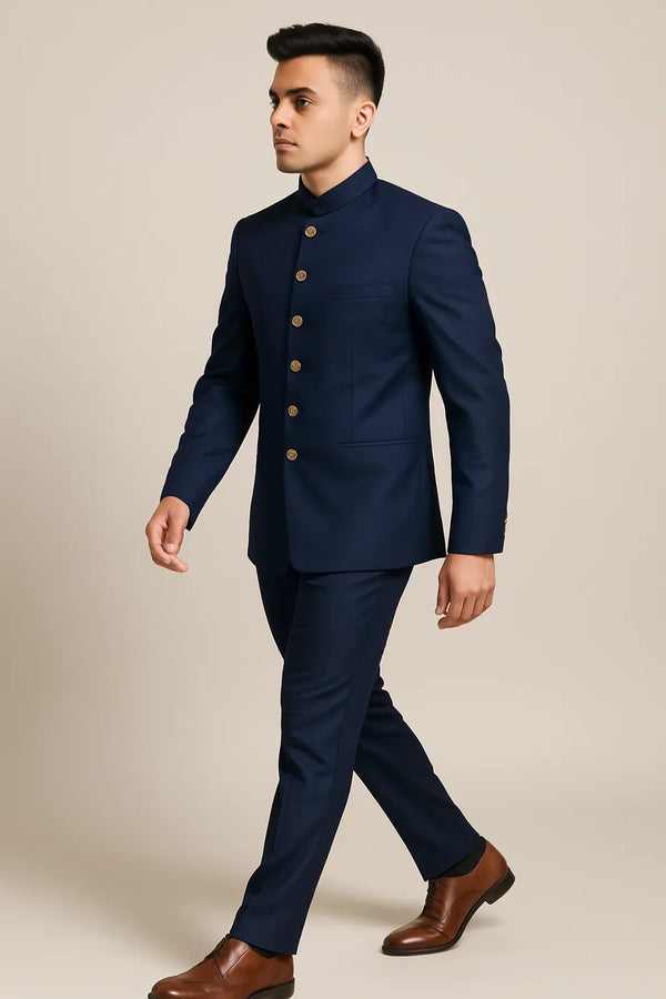 Side view of navy blue Bandhgala Jodhpuri suit with matching trousers for a Lusaka engagement