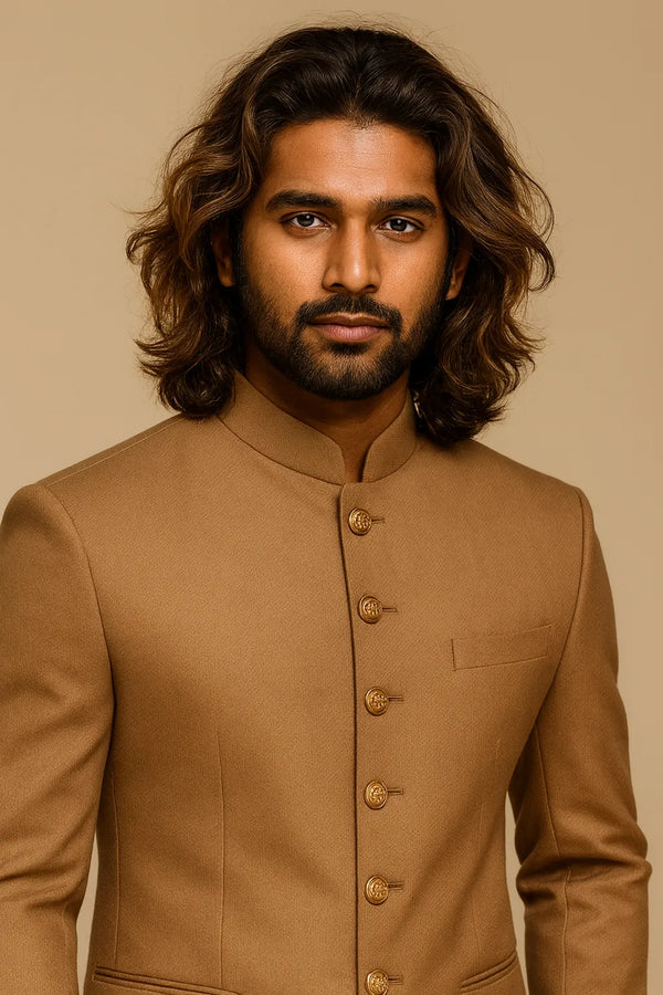 Close-up of camel brown Bandhgala Jodhpuri suit showing its ornate gold-tone buttons for a London wedding guest look