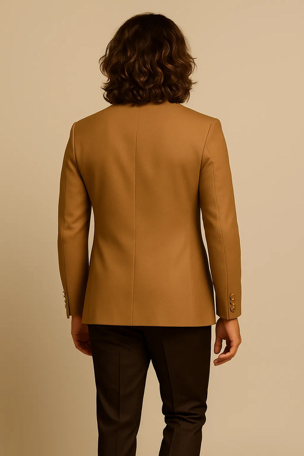 Back view of camel brown Bandhgala coat with dark brown trousers for a Birmingham reception