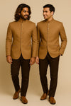 Two men wearing camel brown Jodhpuri suits with dark brown trousers for a Jaipur wedding