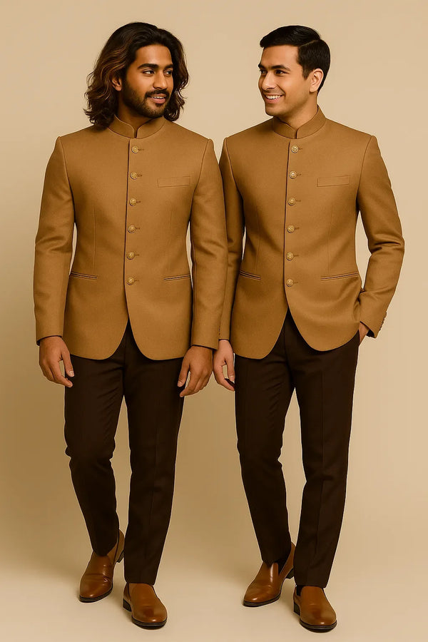 Two men wearing camel brown Jodhpuri suits with dark brown trousers for a Jaipur wedding