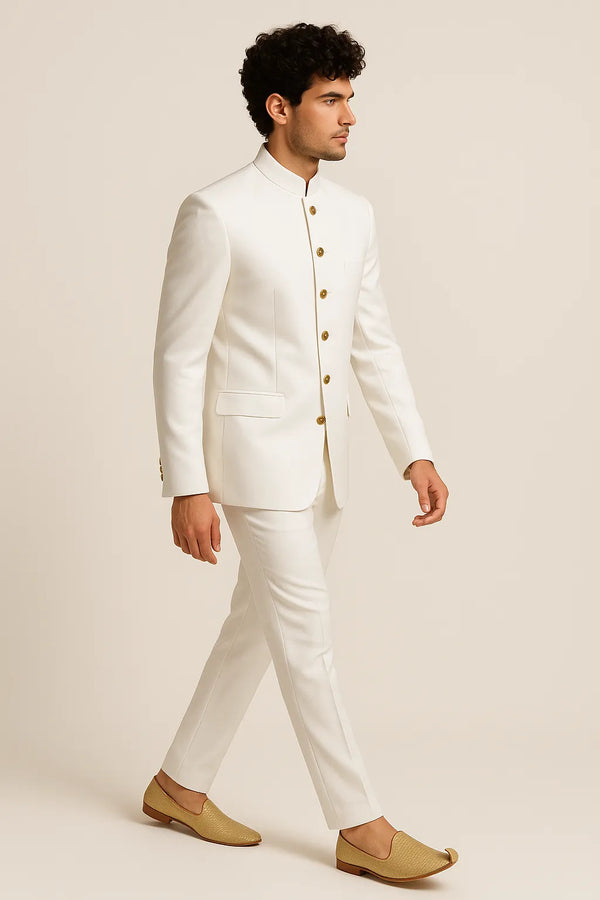 Side view of white Bandhgala Jodhpuri suit with matching trousers and gold-tone buttons for a Mumbai wedding