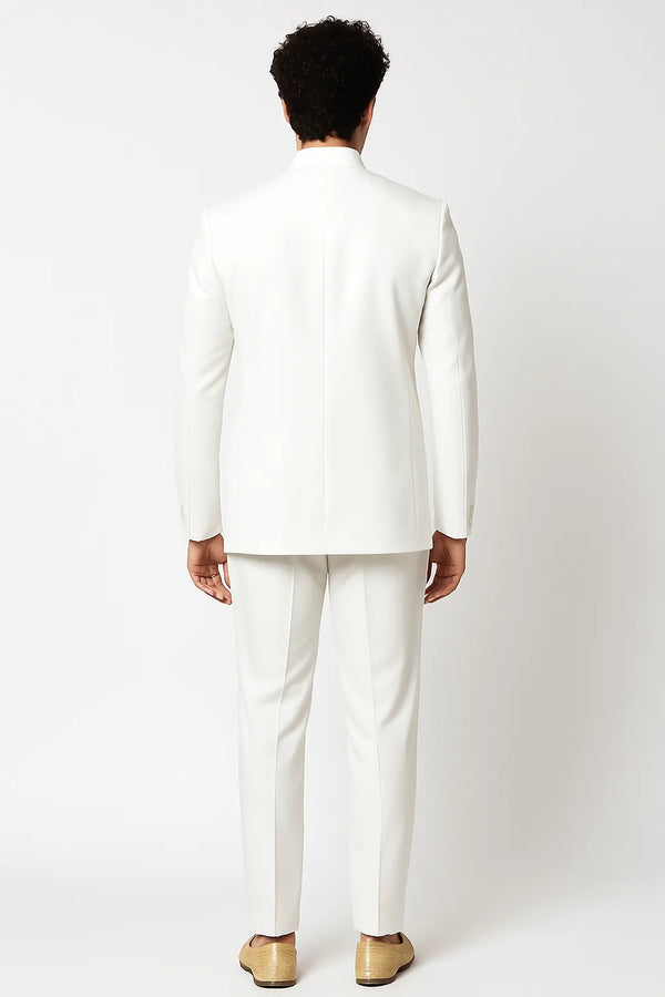 Back view of white Bandhgala Jodhpuri suit with matching trousers for a Chandigarh wedding