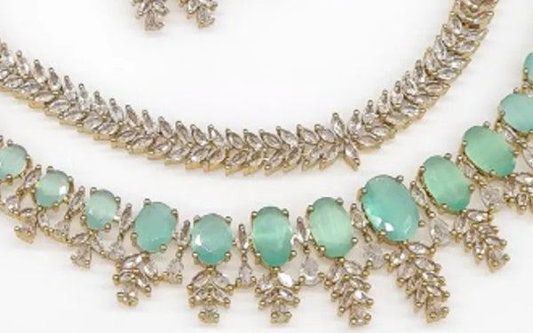 Polish Designer Choker Set with Mint Green CZs and Mehandi Work
