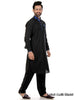 Black Linen Kurta with Blue Embroidered Neckline for Men