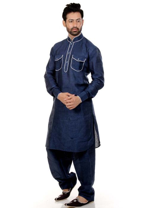 Dark Blue Linen Pathani Suit with Designer Piping Detailing