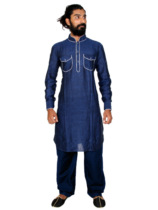 Blue Linen Pathani Suit with Designer Piping