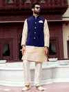 Cream Printed Kurta with Blue Velvet Modi Jacket