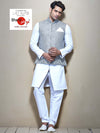 White Linen Kurta with Grey Jute Nehru Jacket for Men
