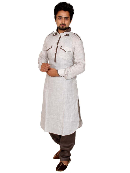 Off White Linen Kurta Set with Dusty Brown Detailing