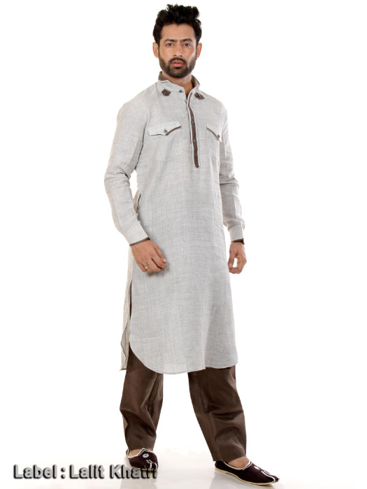 Off White Linen Kurta with Dusty Brown Detailing B