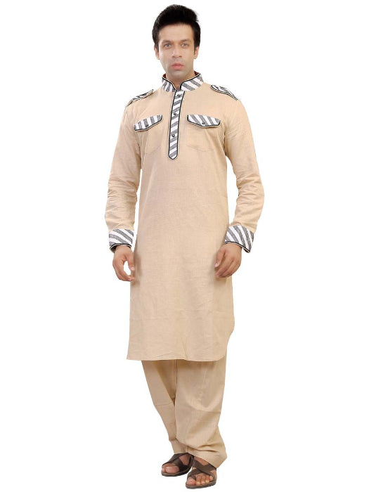 Cream Linen Casual Pathani Suit with Broad Lining Print Detailing