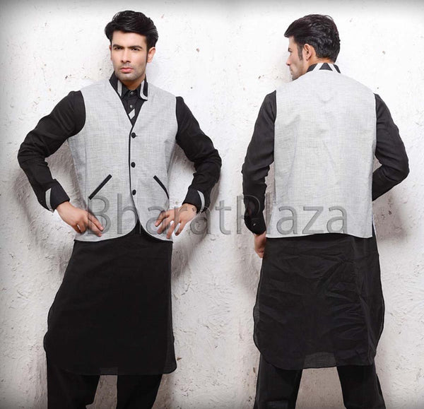 Black Pathani Suit with Grey Trendy Jacket – Linen Fabric