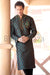 Brown Resham Brocade Partywear Kurta in Coke & Green with Embroidered Neckline