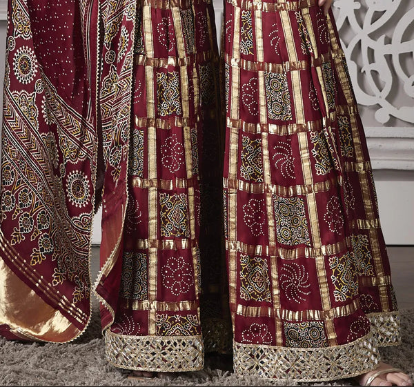 Maroon Gajji Silk Palazzo Suit, Designer Wedding Wear For Women