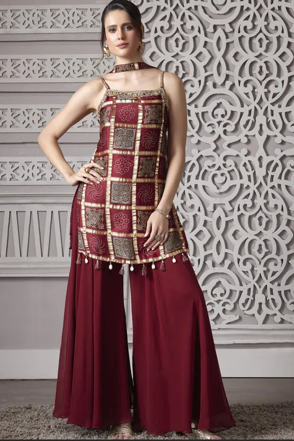 maroon palazzo suit with printed designer top