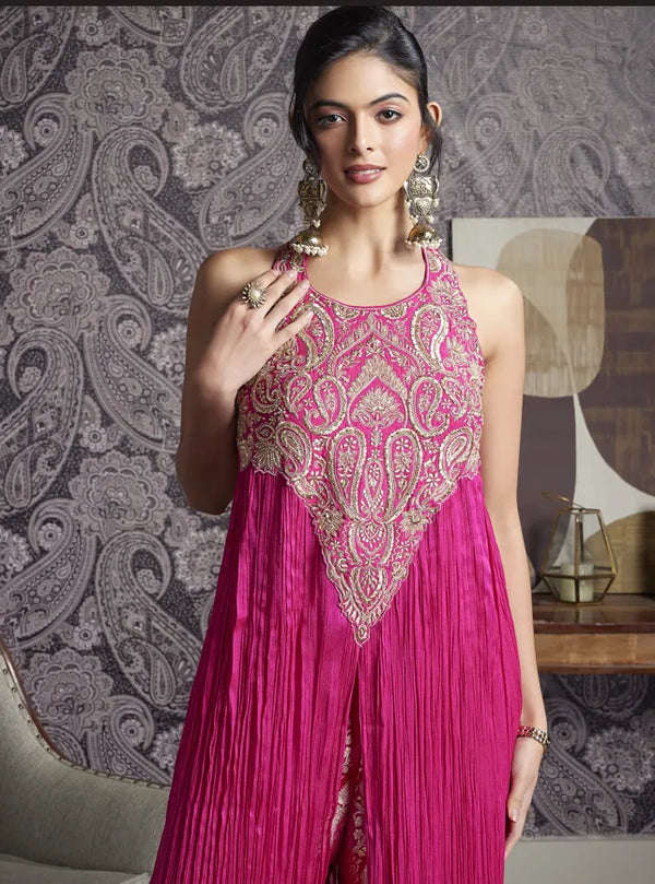 fuchsia pink indo western palazzo suit for women