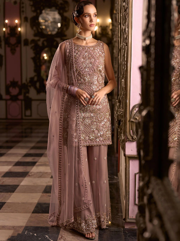 Full view of Cafe Rose embroidered net palazzo suit with matching dupatta