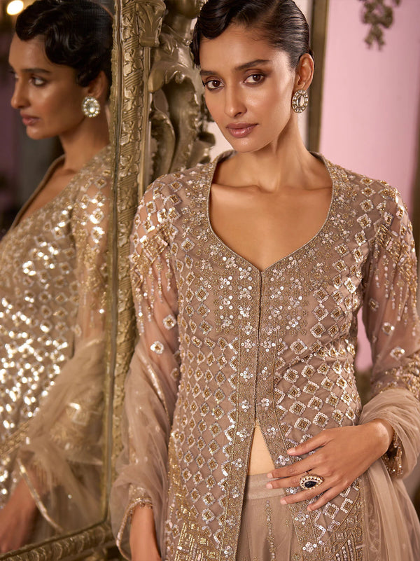 - Close-up of round neckline and geometric sequin embroidery on Ivory Gold kurta