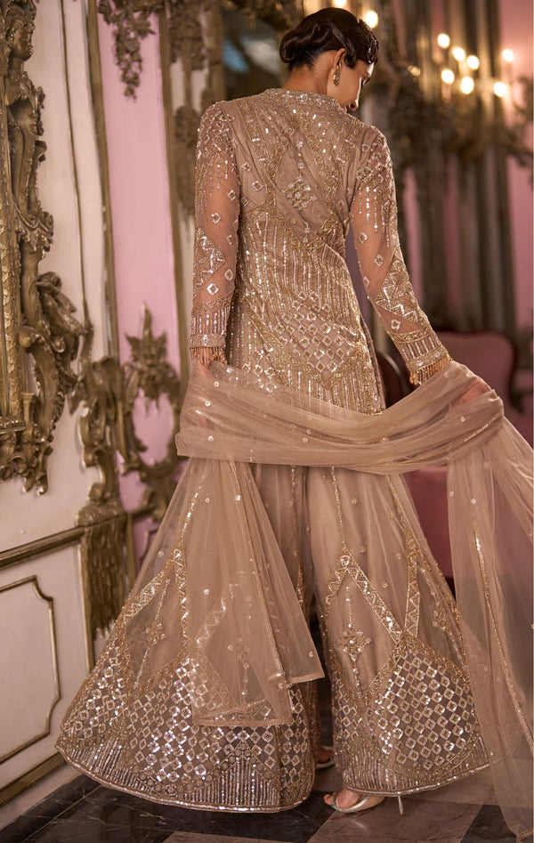 Back view of Ivory Gold full-sleeve embroidered kurta and wide-flared palazzo