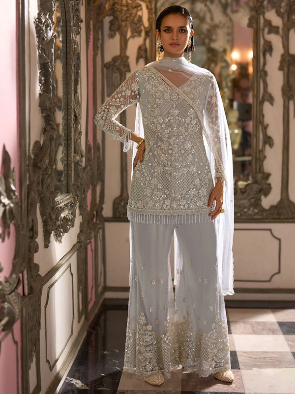 Full front view of Ivory Silver embroidered net palazzo suit with matching dupatta