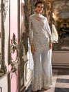Back view of Ivory Silver kurta with floral and lattice embroidery beneath the dupatta
