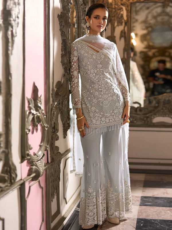 Back view of Ivory Silver kurta with floral and lattice embroidery beneath the dupatta