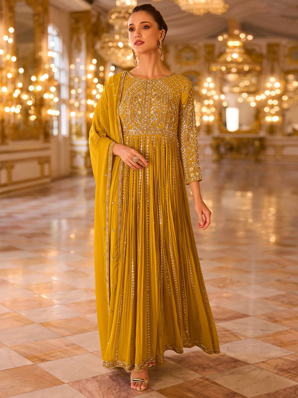 - Full front view of Turmeric Yellow embroidered Anarkali suit with matching dupatta