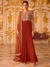 Close-up of back and sleeve embroidery on Rust Orange Anarkali for a Paris reception