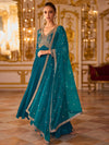 - Back view of Rama Blue embroidered Anarkali with sheer dupatta for a Sydney reception
