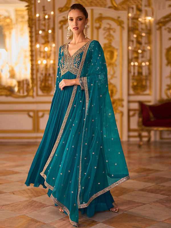 - Back view of Rama Blue embroidered Anarkali with sheer dupatta for a Sydney reception
