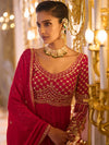 Close-up of Rani Pink Anarkali neckline and gold-toned embroidery for a Birmingham sangeet