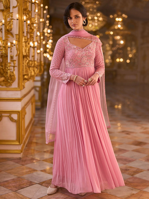 Deep round back with tie detail and embroidered sleeves on Taffy Baby Pink Anarkali for a Canada wedding