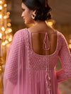 Close-up of sweetheart neckline and floral embroidery on Taffy Baby Pink Anarkali for a Toronto sangeet