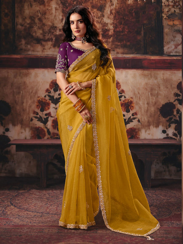 Mustard Yellow Premium Organza Saree highlighting heavy zari and moti blouse work for wedding & festive wear | BharatPlaza