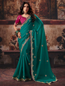 Teal Green Premium Bemberg Designer Saree highlighting scalloped cutdana border for wedding wear | BharatPlaza