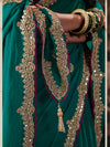 Teal Green Premium Bemberg Designer Saree featuring contrasting pink silk blouse for festive wear | BharatPlaza