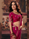 Hot Rani Pink Fendy Satin Designer Saree featuring elegant heavy blouse embroidery for festive wear | BharatPlaza