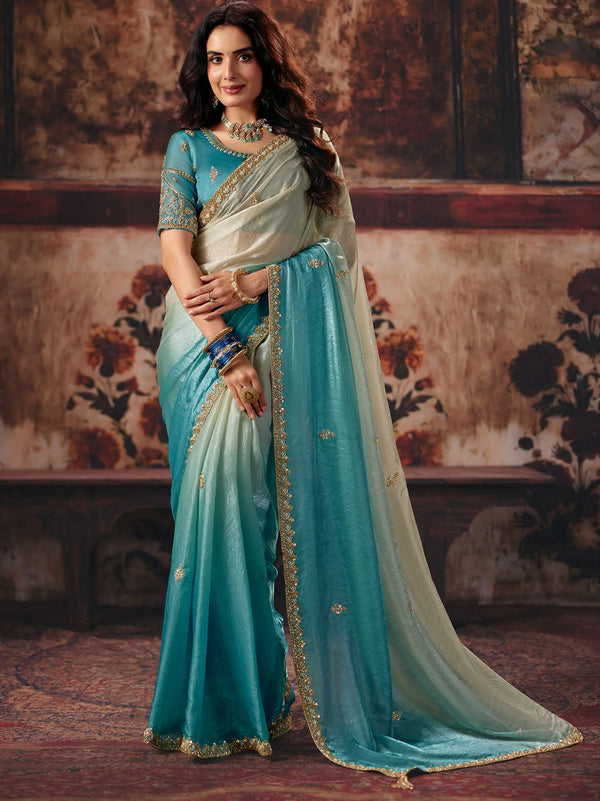 Blue Silver 2D Shaded Fendy Satin Designer Saree highlighting luxurious double color tones for festive wear | BharatPlaza