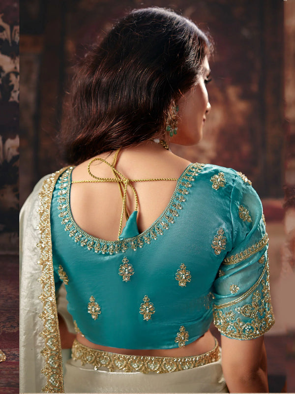 Blue Silver 2D Shaded Fendy Satin Designer Saree featuring elegant heavy blouse embroidery for wedding wear | BharatPlaza