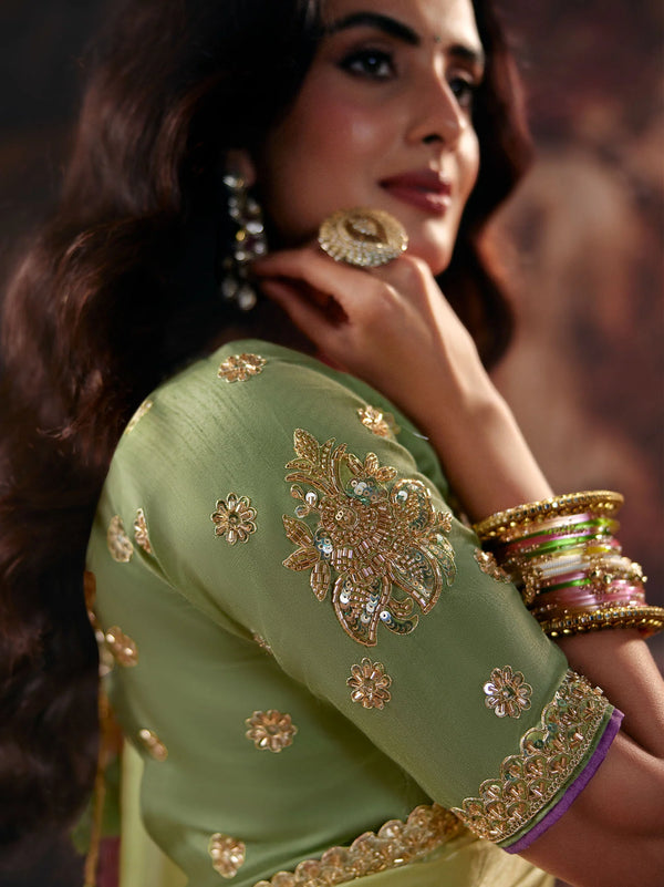 Green Pink 2D Shaded Fendy Satin Designer Saree highlighting intricate heavy blouse embroidery for wedding | BharatPlaza